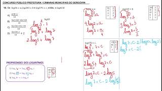 Se 𝑙𝑜𝑔16  𝑎𝑙𝑜𝑔243  𝑏 e 𝑙𝑜𝑔175  𝑐 então o 𝑙𝑜𝑔63 é [upl. by Nevet]