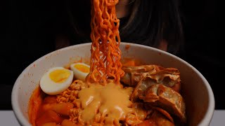 Spicy Mukbang Challenge Samyang Cheesy Buldak Ramen with Tteokbokki and Gyoza [upl. by Yim]