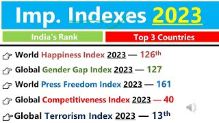 Indexes 2023 Current Affairs I India Rank in Various indexes I सूचकांक I Indexes of India 2023 [upl. by Bluma]