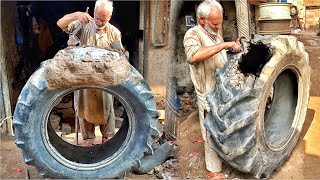 A Complementary Method Repairing Big Tractor Tire Using Aluminium Mold  90 Year Old Asian Method [upl. by Melisande]