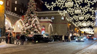 Christmas lights walk St Moritz Switzerland 🎄 4K winter snow walking tour ❄️ [upl. by Gnad]