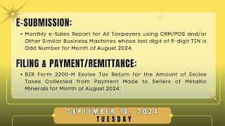 Tax Calendar September 10 2024 [upl. by Eeznyl942]