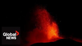 Mount Etna volcano eruptions illuminate night sky in Italy [upl. by Caravette]