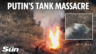 New battlefield footage shows entire column of 11 Russian tanks obliterated by Ukrainian drones [upl. by Philina49]