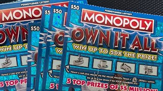 50 MONOPOLY OWN IT ALL  5 MILLION TOP PRIZE PA LOTTERY SCRATCH OFF TICKET SESSION 2 💥💥💥 [upl. by Rolanda]