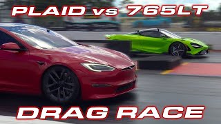 THE TOP 2 RACE  1020 HP Plaid vs 765LT  Tesla Model S Plaid vs McLaren 765LT 14 Mile Drag Race [upl. by Arahsat]