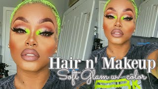 Styling my neon green hair  soft glam w color  Laurasia Andrea [upl. by Yanej]