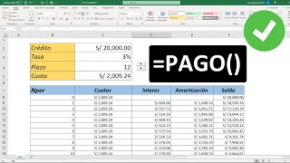 Función Pago en Excel Calculo de cuota de un préstamo basado en pagos y tasa de interés constantes [upl. by Liatrice]