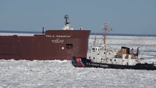 Freighters frozen on Lake Michigan Ice Breaking and Mackinac Bridge  3252019 [upl. by Nade]