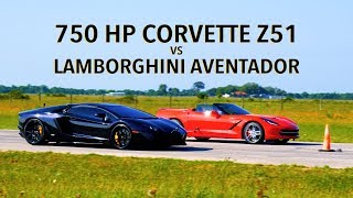 700 HP Lamborghini Aventador vs 750 HP Hennessey Corvette Roll Racing [upl. by Procto]