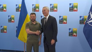 Zelensky et Stoltenberg se serrent la main au sommet de lOtan à Vilnius  AFP Images [upl. by Brentt110]