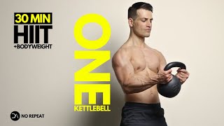 30 min Single Kettlebell HIIT Workout   Bodyweight  No Jump  No Repeat  Intense [upl. by Ruder]