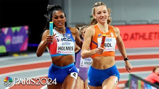 Femke Bol vs Alexis Holmes anchor leg duel decides tight 4x400 final at Indoor Worlds  NBC Sports [upl. by Ameekahs]