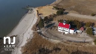 Aerial view of restored historic New Jersey lighthouse [upl. by Mcnelly]