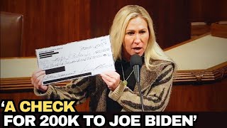 BOOM Marjorie Taylor Greene Reveals 2 Checks Totaling 240K Laundered Directly To Joe Biden Account [upl. by Leisha]