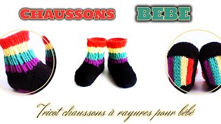 Tuto tricot chaussettes bébé  Tricot chaussons à rayures pour bébé [upl. by Henricks736]