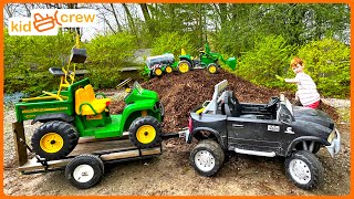 Landscaping mulch and trees with tractor truck digger and water trailer Educational  Kid Crew [upl. by Eedrahc]