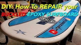 How to fix and repair a buckled Epoxy Surfboard DIY pt2 [upl. by Yrebmik482]