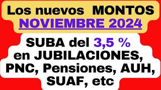 👉 Suba del 35  en NOVIEMBRE 2024 MONTOS a cobrar en JUBILACIONES PNC Pensiones AUH SUAF etc [upl. by Evanne]