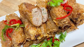 Fried crispy tasty dimsum bean curd  tofu skin fuchuk rolls  腐皮卷 [upl. by Syhr]