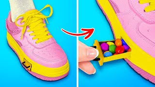 HIDE CANDIES IN SHOES  Sneak Food Into Class Hacks DIY Edible School Supplies by 123 GO FOOD [upl. by Acirretahs936]