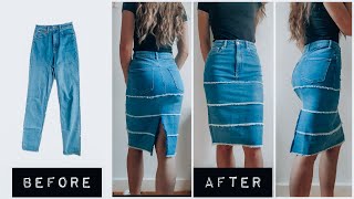 DIY  How to turn old JEANS into a DENIM MIDI SKIRT [upl. by Emmer]