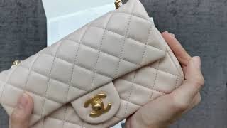 CHANEL 22C unboxing l mini pearl crush handbag in light beige NG120 GHW  twilly slim bandeau [upl. by Ajssatsan]