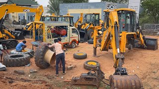 JCB 3DX All New Tyre Change by Mobile Vulcanizer and Door Ram change  Jcb Repair [upl. by Yelyr]