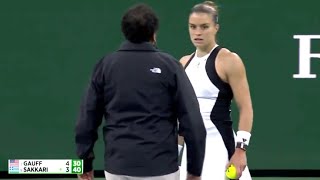 DRAMA ON COURT GAUFF SAKKARI INDIAN WELLS MARCH 15 2024 UMPIRE KADAR NOUNI [upl. by Ludwog145]