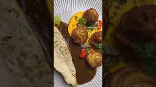 Chicken ballotine with green olive carrot mousseline and dauphine potatoes food cooking recipe [upl. by Ahsocin]