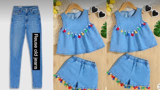 Old jeans into baby top ampshorts  cutting and stiching of baby shorts and top [upl. by Mendie]