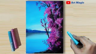 12  Oil Pastel Drawing  How to Draw Realistic Riverside Landscape Nature painting step by step [upl. by Ansilme]