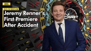 Rennervations Premiere Jeremy Renner makes first red carpet appearance since accident [upl. by Tann]