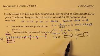 Cost of Borrowing compounded monthly Find Present Value for Monthly 131 payment for 6 years [upl. by Imarej529]