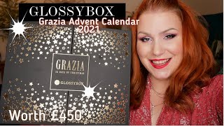 UNBOXING GLOSSYBOX X GRAZIA 2021 BEAUTY ADVENT CALENDAR WORTH £450 [upl. by Linskey858]