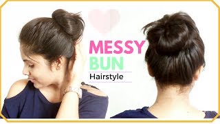 1 Minute EASY Everyday Messy Bun Hairstyle  Simple Bun Hair Tutorial for Medium hair [upl. by Dulcia745]