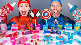 🔥Mukbang Giant Color Bottles Jelly drink 컬러 보틀 캔디 젤리 먹방 with Superheroes by KIKIMO [upl. by Oilegor]