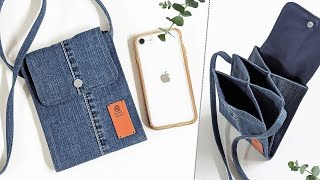 DIY Easy Mini Denim Phone Crossbody Bag Out of Old Jeans  Bag Tutorial  Upcycle Craft [upl. by Bondon]