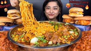 SPICY SCHEZWAN MUTTON CURRY NOODLES AND CHICKEN BURGERS WITH BUTTER CHICKEN  ASMR EATING SHOW [upl. by Ahsia95]