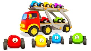 A car transporter for colored racing cars for kids Helper cars full episodes cartoons for kids [upl. by Atinaj809]