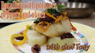 Portuguese Bacalhau with potatoes bell peppers and olives [upl. by Ecirpac]