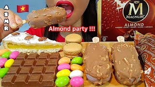 ASMR EATING ALMOND PARTY MILK CHOCOLATE CREAM CAKE MAGNUM ICE CREAM SOFT DRAGEES Real Sounds [upl. by Kahlil]