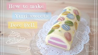 How to make macaron design Roll cake  yunisweets Deco Roll [upl. by Roid]