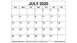 Free Printable July 2020 Calendar  WikiCalendarCom [upl. by Bruno]