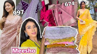 MEESHO Saree Haul Meesho Organza Saree Haul Meesho Saree starting 674  Meesho partywear sarees [upl. by Arvo]