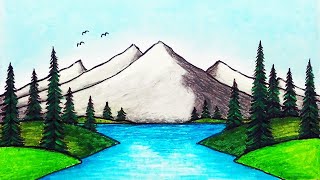 How to Draw Beautiful Mountain Lake  Easy Scenery Drawing [upl. by Hogue]