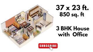 850 sq ft 3 BHK House Plan with Office Room  850 Square Feet 3 bedroom house Design [upl. by Nnauol]