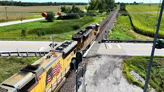 Drone view of a Union Pacific train in White Oak Iowa [upl. by Moureaux539]