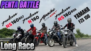 Pulsar NS160 BS7 vs Apache RTR 160 4v Pulsar N160 vs Pulsar NS160 BS6 vs Yamaha FZS 150 Drag Race [upl. by Leacock]