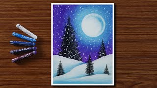 Easy Winter Snowfall Scenery Drawing for Beginners with Oil Pastels  Step by Step [upl. by Gerdi]